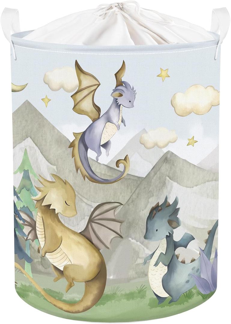 Clastyle 45L Kids Cute Dragon Nursery Hamper Mountain Tree Dirty Clothes Collapsible Laundry Basket Round Cloud Toys Storage Basket with Drawstring