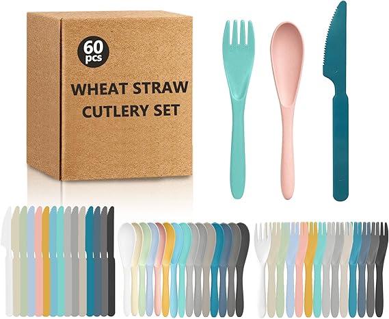 RayPard 60 Pcs Plastic Toddler Utensil Set, Reusable Wheat Straw Cutlery Set for Kids, Children Knives, Spoons and Forks Set, BPA Free, Dishwasher Safe