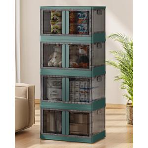 19Gal Collapsible Storage Bins with Lids & Wheels - 4 Pack Stackable with Doors, Heavy-Duty Plastic Containers for Home/Office, Green