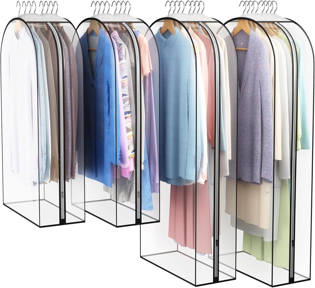 Clear Garment Bag for Hanging Clothes 10 Gusseted, (40&50") Suit Bags for Open Closet Storage Plastic Clothes Cover for Coat, Dress, Shirts, Fur, Jacket, Wardrobe Protectors, 4 Pack