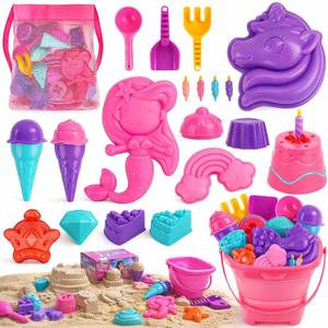 TOY Life 23 Pcs Unicorn Beach Toys for Kids Ages 4-8 Collapsible Sand Toys with Silicone Bucket Shovels & Sand Castle Building Kit Molds, Sandbox Toy for Travel, Beach Party, Fishing, Summer Toys