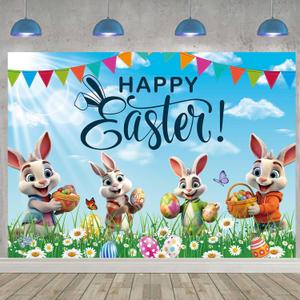 Happy Easter Banner Backdrop 8x6FT Blue Sky Green Lawn Colorful Easter Eggs Bunny Photography Background Spring Party Decorations Photo Props