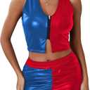 Yisfri Womens Color Block Faux PU Leather 2 Piece Outfits Zipper Vest Crop Top Ruched Shorts Club Night Party Set (M)