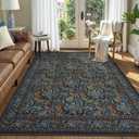 Collive Dark Green 5x7 Area Rugs, Washable Living Room Bedroom Rug, Vintage Floral Boho William Morris Botanical Rug, Soft Non Slip Low Pile Stain Resistant Carpet for Dining Room OfficeNavy Blue