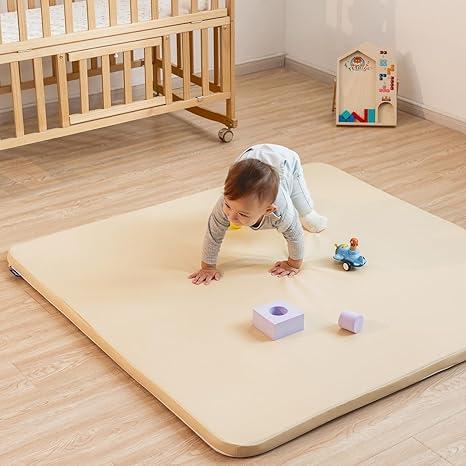 Uniency Vegan Leather Baby Play Mat for Floor, 50x50 Thick Foam Soft Padded Playpen Mat with Wipe-Clean and Waterproof Removable Cover for Babies and Toddlers Infants (Beige)