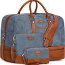 Weekender Bag for Women, Large Overnight Bag Canvas Travel Duffel Bag Carry On Tote with Shoe Compartment 21" 3Pcs Set (A13-brown+blue)