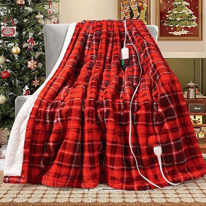 MAXEVE Heated Electric Blanket, 50"x60" Faux Fur Fast Heating Throw Blankets with 8 Heating Levels & 8 Hours Auto Off with OverHeat Protection & ETL Certified, Plaid Red
