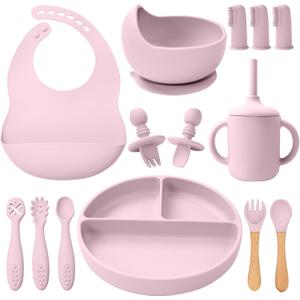 LITTLE RAWR Silicone Baby Feeding Set 14 Pcs,Baby Led Weaning Supplies, Baby Spoons Suction Bowl Divided Plate Bib Cup Finger Brush,First Stage Solid Food Eating Utensils - 6+ Months(Light Pink)