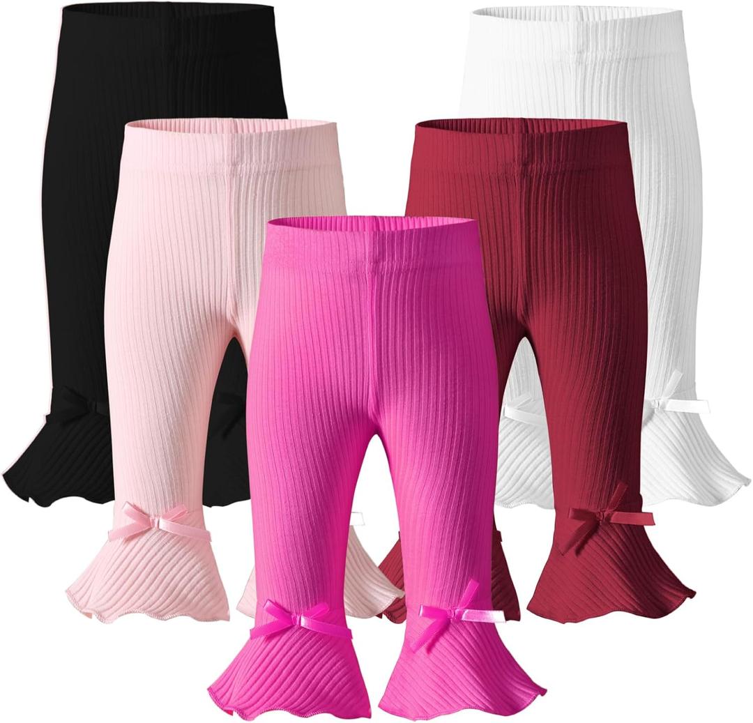 Newborn Toddler Baby Girl Pants Leggings Ribbed Straight Flare Infant Girl Pants Leggings Bell Bottoms 5 Packs (0-3 Months, #2 Black White Pink Megenta Red)