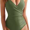 SUUKSESS Women Sexy Wrap Push Up One Piece Swimsuit Tummy Control Bathing Suit (Large, 89 Army Green)