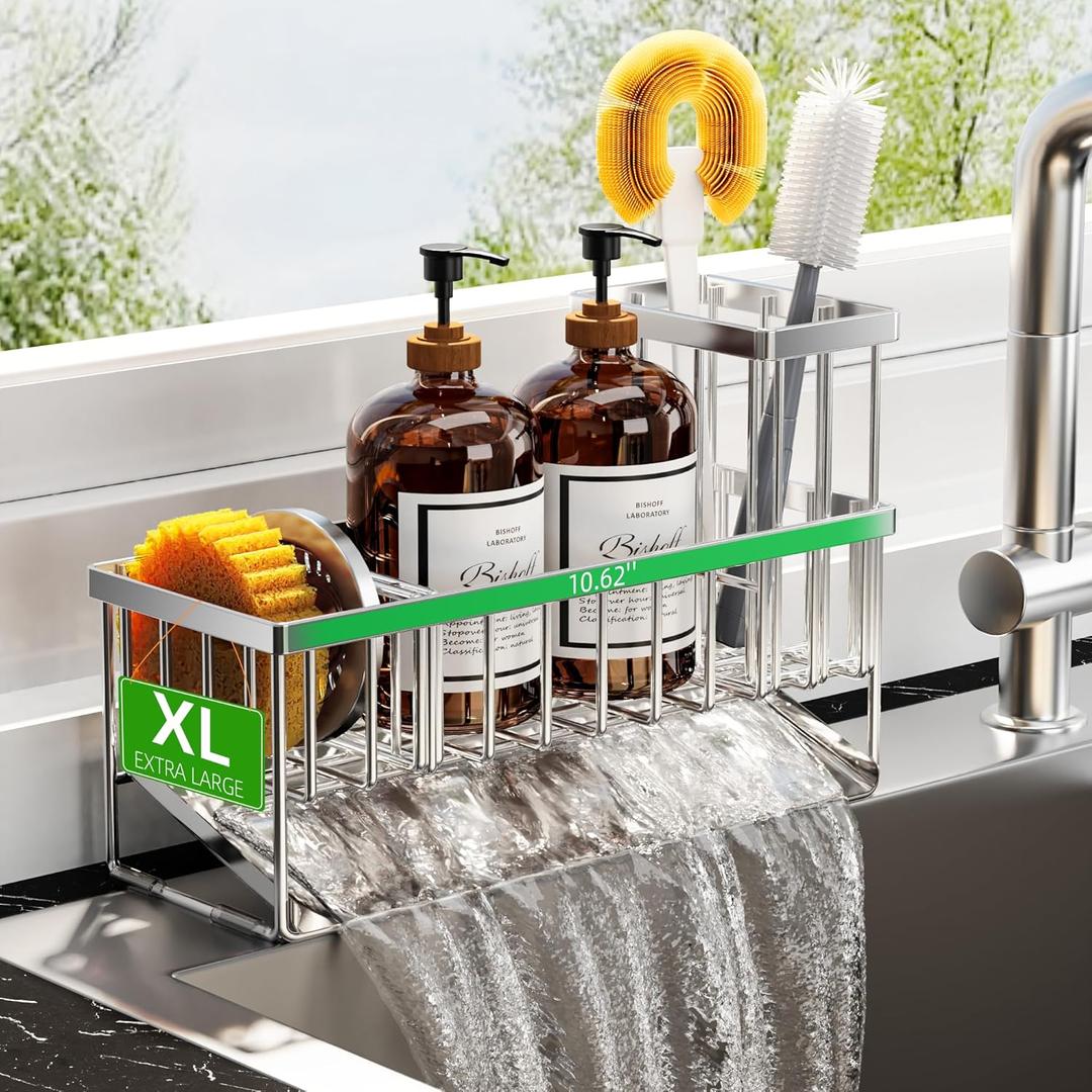 Cisily Extra Large Silver Kitchen Sink Caddy Organzier with High Brush Holder, Sponge Holder for Sink, 304 Rustproof Stainless, Kitchen Countertop Soap Dispenser Organizer For Decor and Accessories (10.62)