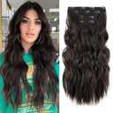 REECHO Hair Extensions, 4PCS Clip in Hair Extensions 24" Thick Long Beach Waves Black Brown hair extensions HE003 Invisible Lace Weft Natural Soft Synthetic Hairpieces for Women  Black Brown
