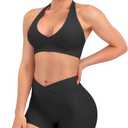 TDIFFUN Women Workout Sets 2 Piece V Neck Halter Sports Bra High Waisted Crossover Booty Gym Shorts Yoga Outfits (Black, Small)
