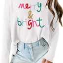 Christmas Sweater for Women Merry and Bright Sweatshirt Funny Holiday Knitted Pullover Long Sleeve Xmas 2025 Trendy (Large, White)