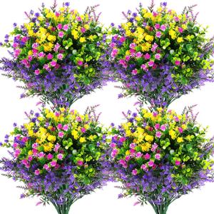 Hananona 12 Pcs Artificial Flowers Outdoor, Faux Artificial Plants UV Resistant Plastic Flower Bulk for Hanging Planter Porch Window Home Wedding Fall Summer Decor (12, Multiple Color) (Fuchsia, Purple, Yellow, Green)
