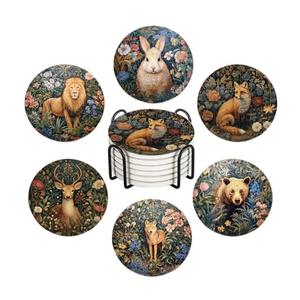 Drink Coasters for Drinks Set of 6, Vintage Botanical Floral Wild Animals Absorbent Round Ceramic Stone Mat Coaster, with Cork Base and Metal Holder, Home Bar Decor House Warming Gift