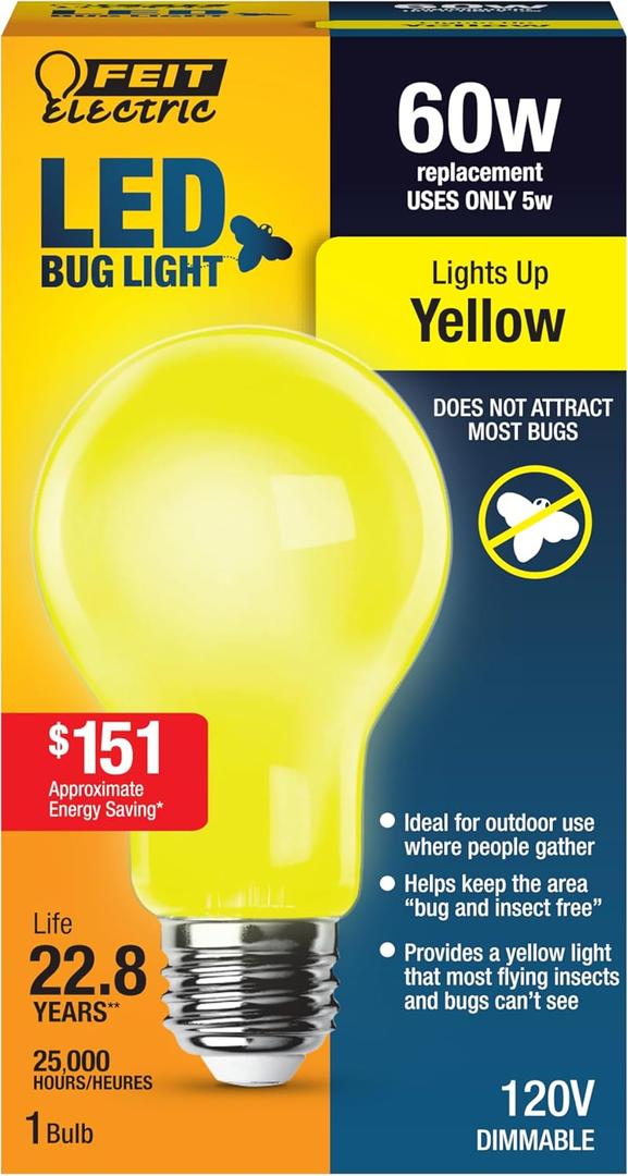 Feit Electric A19 Outdoor LED Bug Light, 60-Watt Equivalent, Non-Dimmable LED Light Bulb, E26 Medium Base, 120V, 22 Years Lifetime, Yellow, Pack of 1, A19/BUG/LED/BX