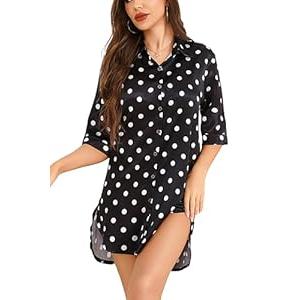 Anjue Satin Sleepshirt Women Comfy Nightgowns Soft 3/ 4 Sleeve Button Down Sleepwear Satin Nightgowns for Women  (Small, Black)