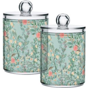 Vintage Floral Green 2 Pack Qtip Holder Dispenser for Cotton Ball, Swab, Pads - Clear Plastic Apothecary Jars with Lids for Bathroom Organizer, 10 oz