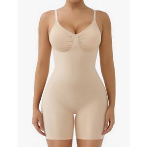 Women's Seamless Shapewear Tummy Control Bodysuit with Removable Pads Mid Thigh Body Shaper, S