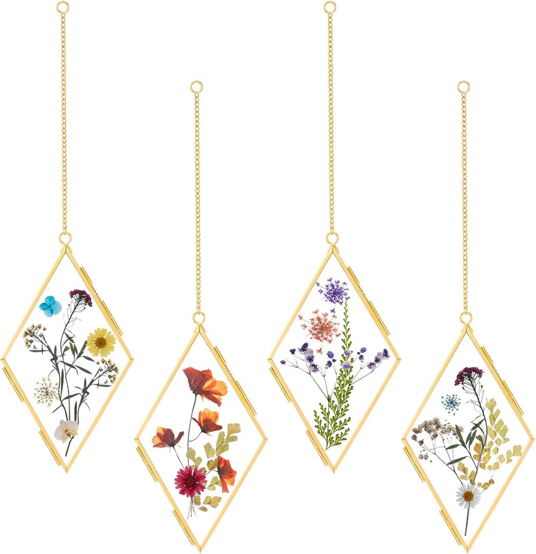 Qunclay 4 Pcs Double Glass Pressed Flower Frames Rhombus Wall Hanging Floating Picture Photo Frames with Chain for Pressed Dried Flowers Plants Photo Small Flat Items Artwork Display(Brass,6 Inch)