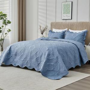 Kingnex Oversized King Bedspreads 128x120 for Extra Wide Tall King or Cal King Bed Ultrasonic Quilted Coverlet Set 3 Piece Include 1 Quilt 2 Pillowcases Faded Denim