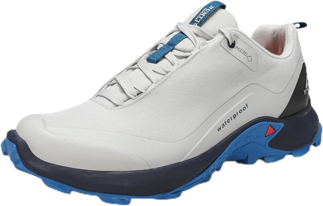 HUMTTO Men's All-Terrain Waterproof Hiking Shoes Lightweight Breathable Trekking Anti Slip Outdoor Trails Shoes (8.5), Light Grey