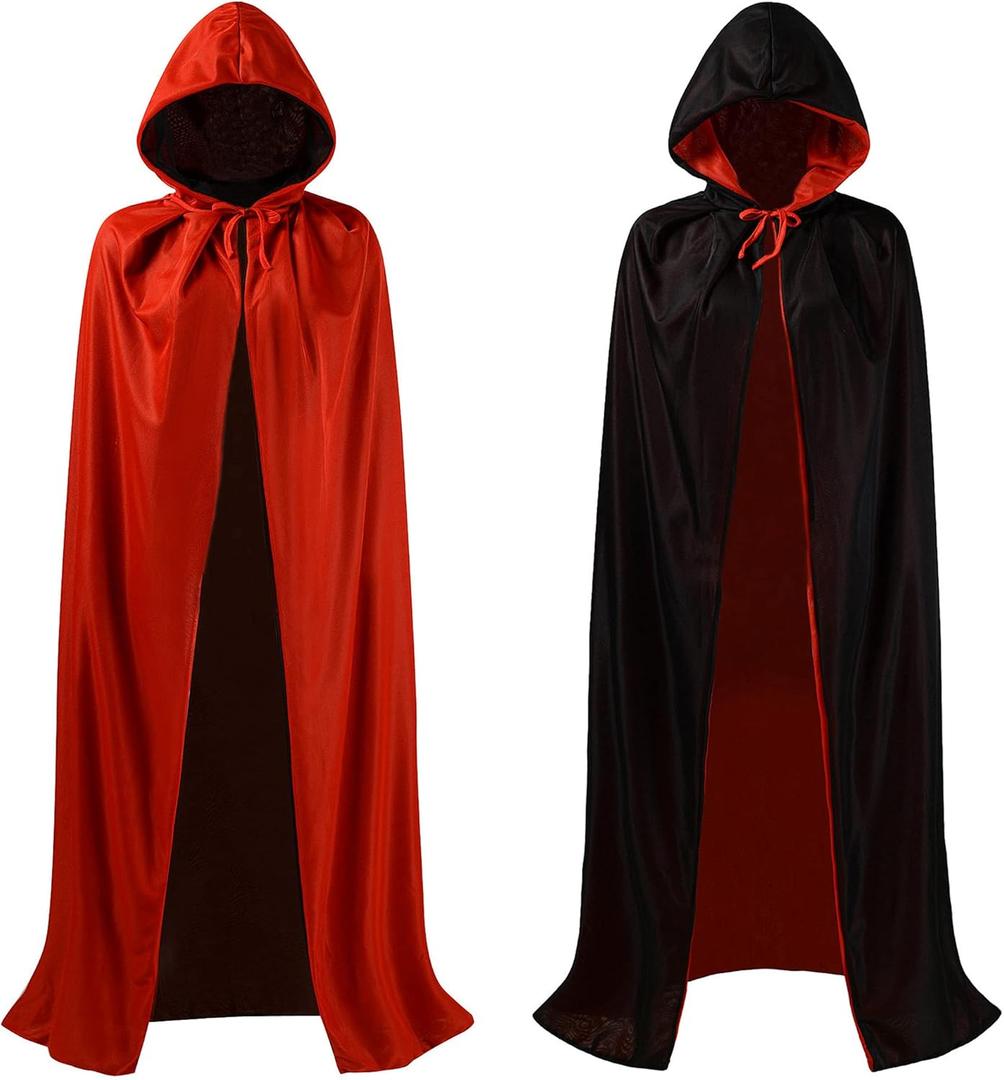 OurLore Black and Red Reversible Halloween Christmas Cloak Masquerade Party Cape Costume (55 inch, With Hood)