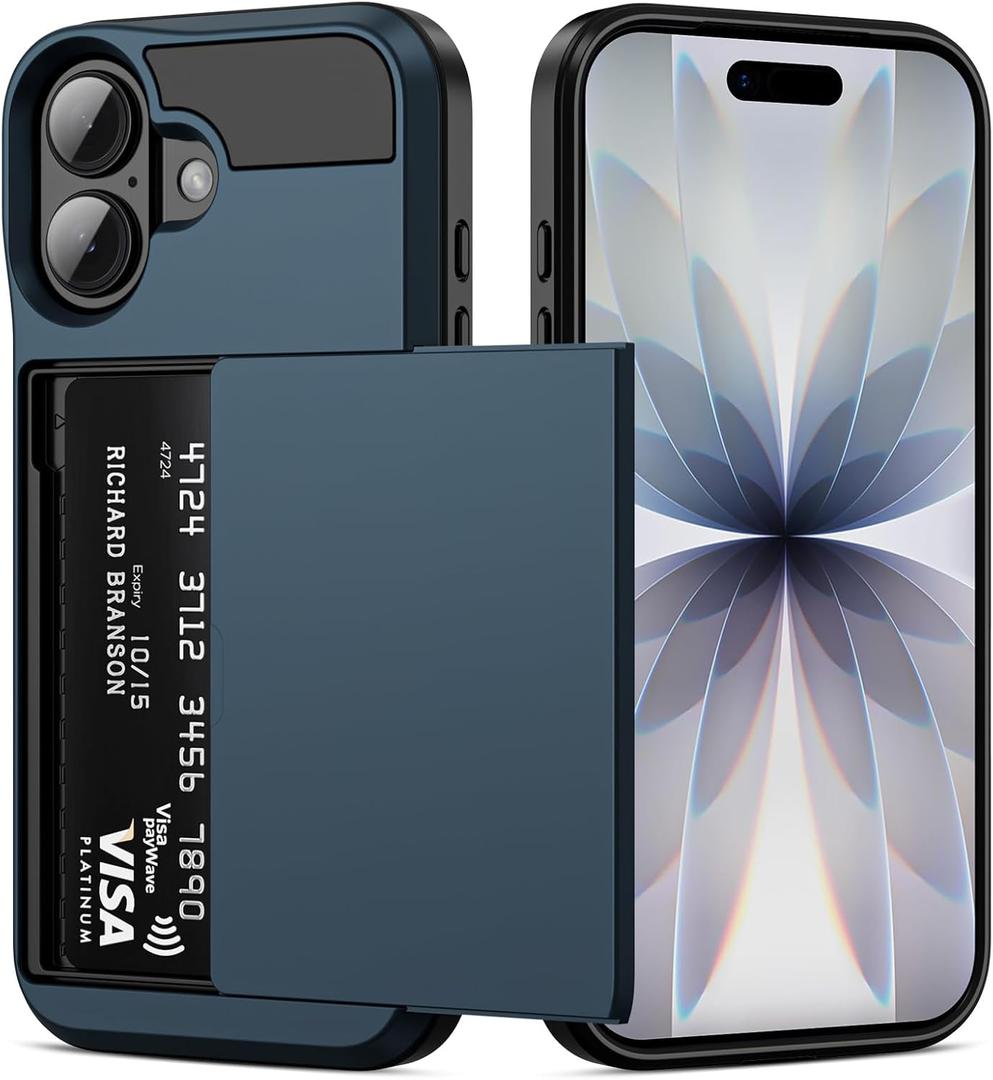 Vofolen for iPhone 17 Case Wallet with Card Holder [Max 3 Cards] Dual Layer Heavy Duty Shockproof Drop Protection Hidden Sliding ID Slot Slim Phone Cover for Women Men, 6.3 Inch Navy