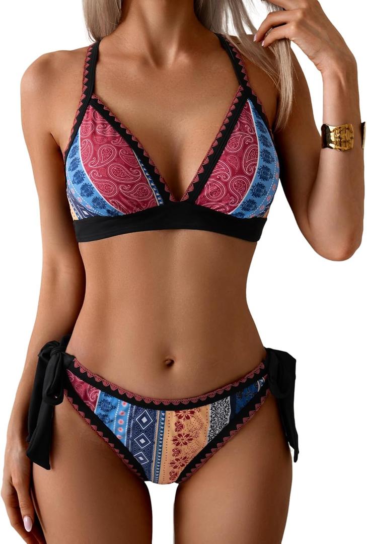 Bikini Sets for Women Floral Two Piece Bathing Suit V Neck Shell Stitched Swimsuit Tie Side Triangle Swimwear (X-Large, Multi Color Print)