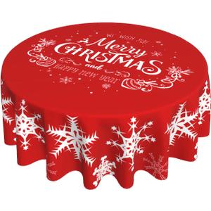 Merry Christmas Tablecloth Round 60 Inch Snowflake Tablecloth Waterproof Polyester Washable Table Cover with Winter Snowflake Pattern Table Cloth for Kitchen Dining Room Christmas Party Picnic Patio