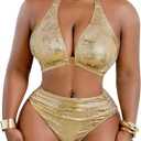 OYOANGLE Women's Plus Size Metallic Swimsuits Ring Linked High Waisted Bikini Set Halter Bathing Suits (Gold, XXL)