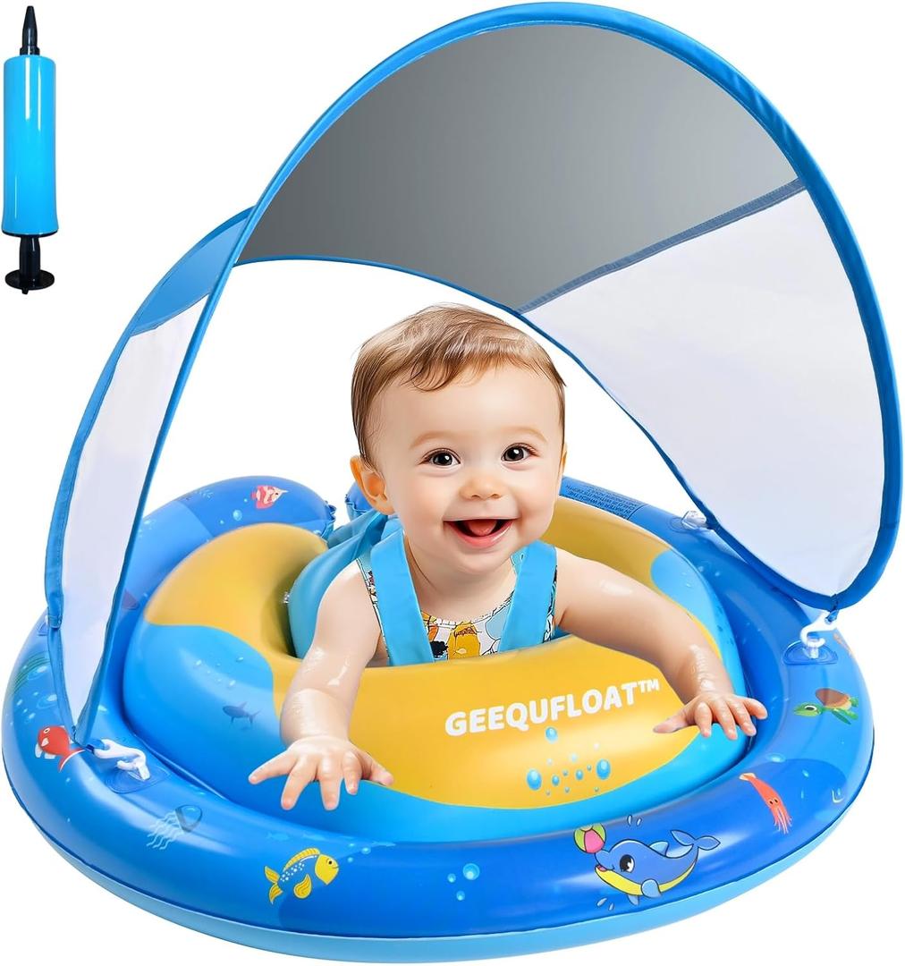 Baby Swimming Float,Anti-Rollover Design Toddler Pool Float,Extra Wide Baby Floaties 6-12 Months,Infant Pool Float and Removable UPF50+ Sun Protection Canopy,Adjustable Safety Seat,Toddler Floaties (Dark Blue)