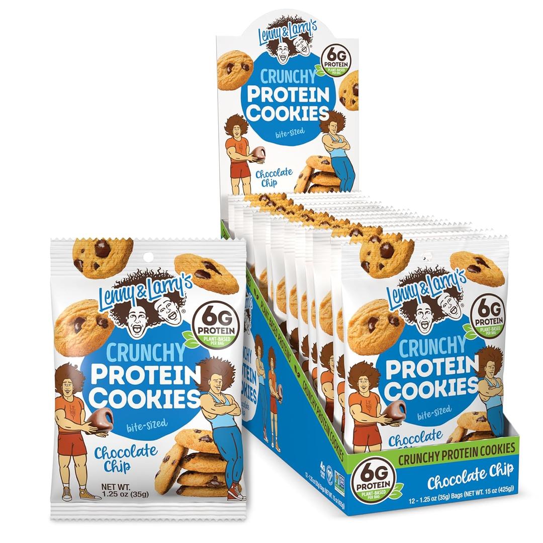 Lenny & Larry's The Complete Crunchy Cookie, Chocolate Chip, 6g Plant Protein, Vegan, Non-GMO, 1.25 Ounce Pouch (Pack of 12), BB 31 March 2026