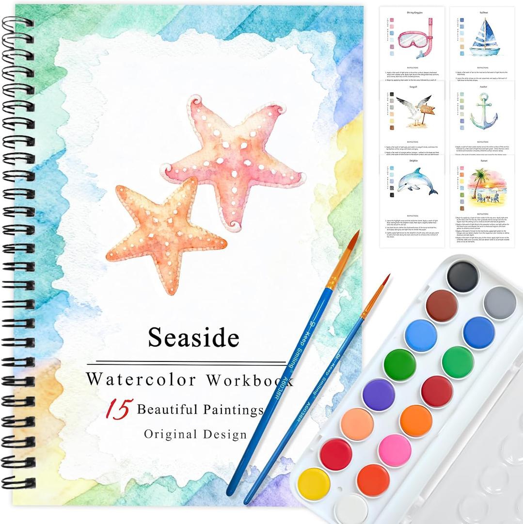 2 x SLWBZ Watercolor Workbooks Coloring Book, Beginner Friendly Painting Kit, Detailed Steps, Creative Exploration Watercolor Book with Paint Set for Adults Teens (Seaside, with Paint)