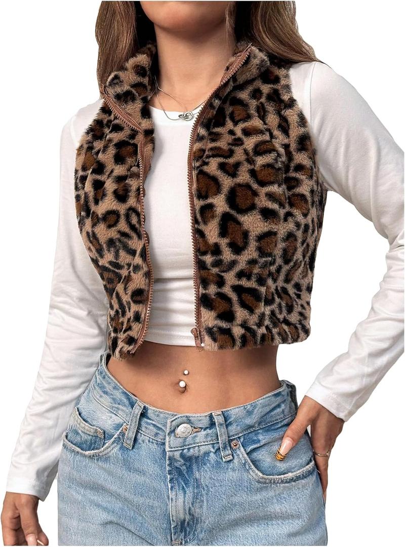 Women's Y2k Leopard Print Cropped Vest Jacket Zip Up Fuzzy Sleeveless Cheetah Outwear (X-Large, Brown)