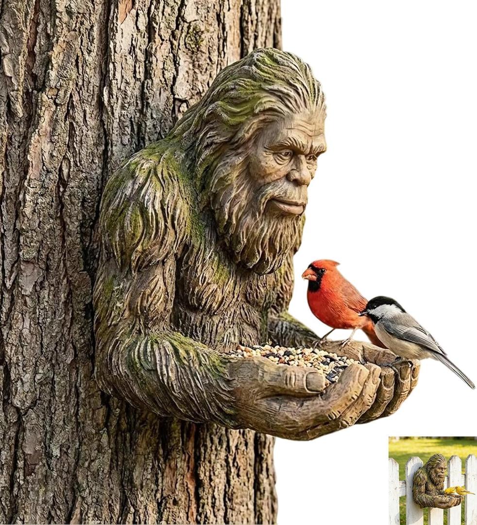 Bigfoot Bird Feeder, Garden Art Sculpture with Hidden Keyhole Hanger, Waterproof Outdoor Resin Statue for Tree/Wall Mount, Unique Wildlife Decor