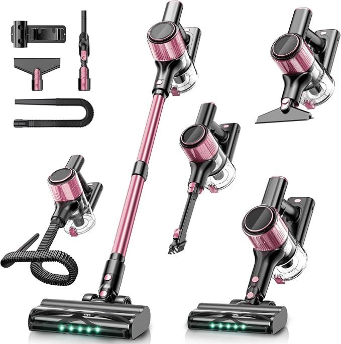Cordless Vacuum Cleaner, 10-in-1 Vacuum Cleaners for Home with 28.75 in Hose, LED Display, Anti-Tangle Brush, Lightweight Stick Vacuums for Carpet, Pet Hair, Hardwood Floors, Dryer (Pink)