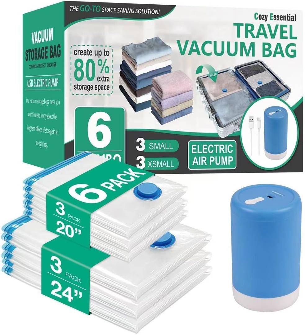 Cozy Essential Travel Vacuum Storage Bags with Rechargeable Wireless Electric Pump, Space Saver Bags for Luggage, Suitcase, Carry-On, for Clothes, Blankets, Comforters, Pillows, 6 Combo