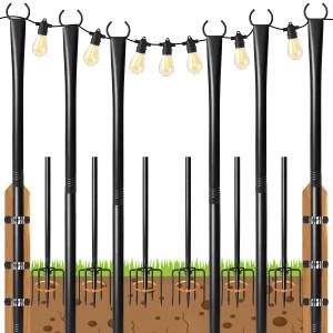 6 Pack String Light Poles for Outside, 10ft Heavy-Duty Metal Light Poles for Outdoor String Lights with Fork, Adjustable Lighting Stand for Patio Decor Backyard Pergola Garden Deck Porch Decorations