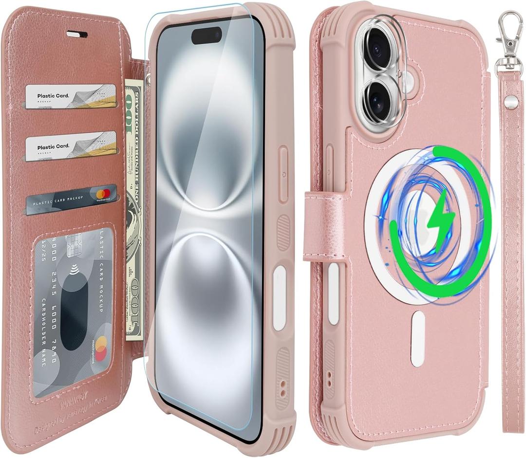 VANAVAGY Compatible for iPhone 16 Wallet Case for Magsafe Wireless Charging, PU Leather Flip Folio Wrist Strap [Screen Protectors & Camera Lens Protectors] with RFID Block Card Holder, Rose Gold