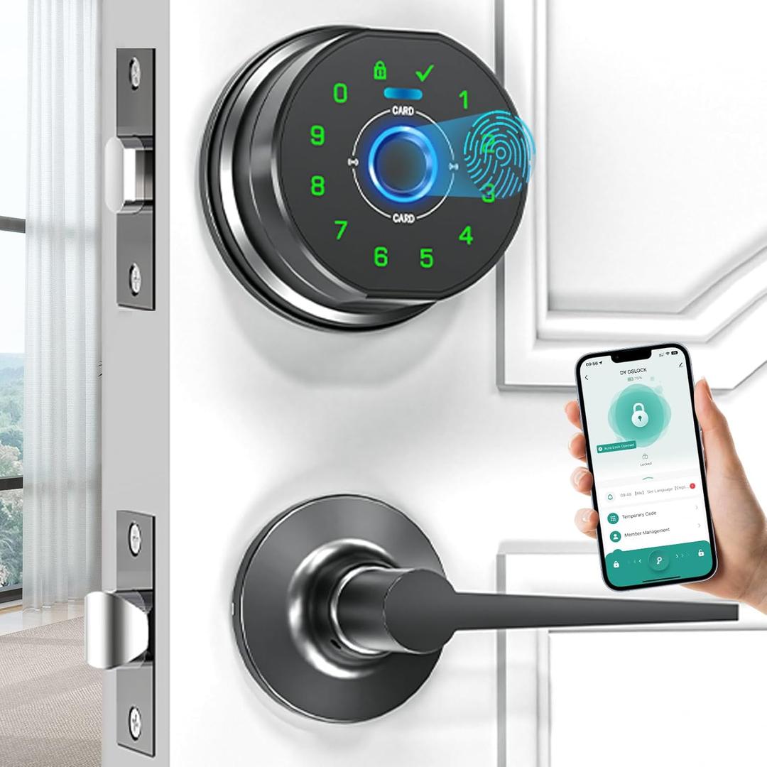 Keyless Entry Door Lock deadbolt with Handle Set- Front Door Fingerprint Smart Locks with 2 Lever Handles-Keypad Code Deadbolt -App Control, Auto Lock, Easy to Install (K10 black)