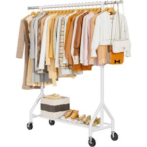 HYSEYY Heavy Duty Clothes Rack Load 450 LBS, Metal Garment Rack, Standing Rolling Clothing Rack for Hanging Clothes with Sturdy Wheels & Shelves, Portable Closet Wardrobe Rack,White