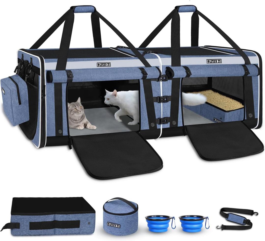 Petskd Double Extra Large Cat Carrier with Litter Box and Privacy Curtain, 48"x17"x17" Soft Cat Car Travel Carrier with Locking Zippers for Multiple Cats Long Distance Trip(Blue)