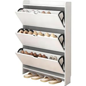 Ultra-Slim Storage Cabinet for Entryway, 6.7 Narrow Organizer with 3 Flip Drawers, Wall-Mount Anti-Tip Design, Modern White Shoe Cabinet(White,45.3" H19.7" W6.7" D)
