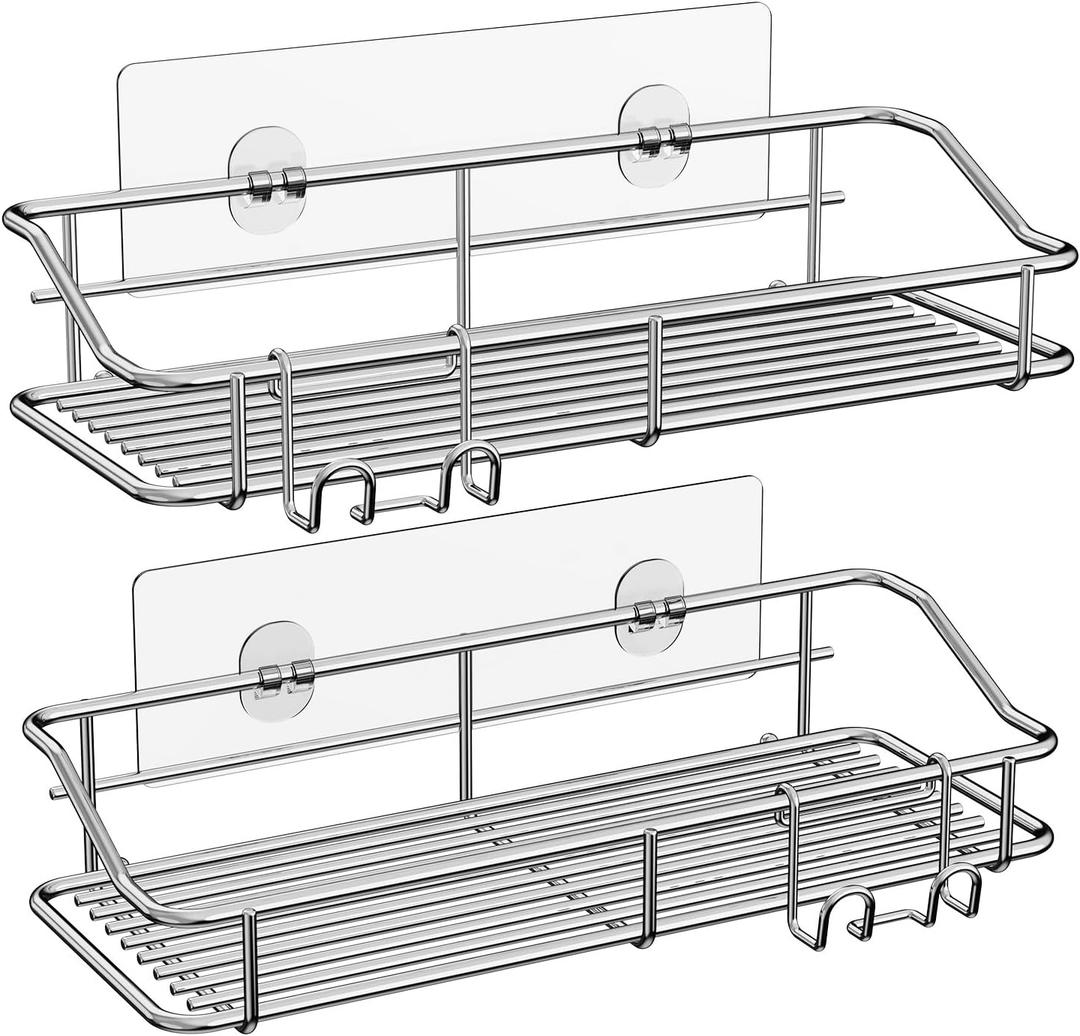 Nieifi Shower Caddy Shelf with Hooks Storage Rack Organizer Adhesive Stainless Steel without Drilling for Bathroom, Lavatory, Washroom, Restroom, Shower, Toilet, Kitchen (Sliver, 3 Pack)