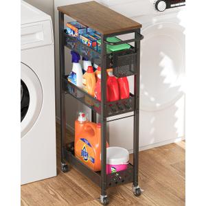 Slim Storage Cart 4 Tier Laundry Cart with Wheels, Narrow Metal Kitchen Rolling Carts Bathroom Organizers Storage Shelf with Wood Rack and Handle for Small Space, Black