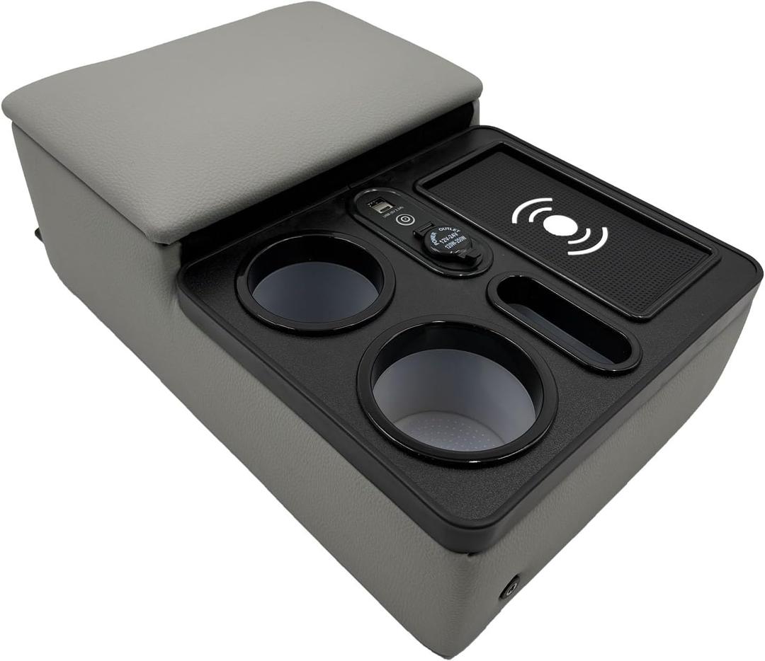 Car Armrest Box with Cup & Phone Holders, USB Port, Truck Center Console Organizer or Bench Seat Console (Gray)