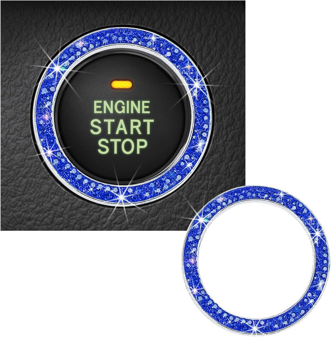 Kewucn Bling Crystal Double Rhinestone Car Engine Start Decoration Ring, Sparkling Push Start Button Sticker, Key Ignition & Knob Ring Decoration, Bling Car Interior Accessory(Dark Blue) (1 PC)