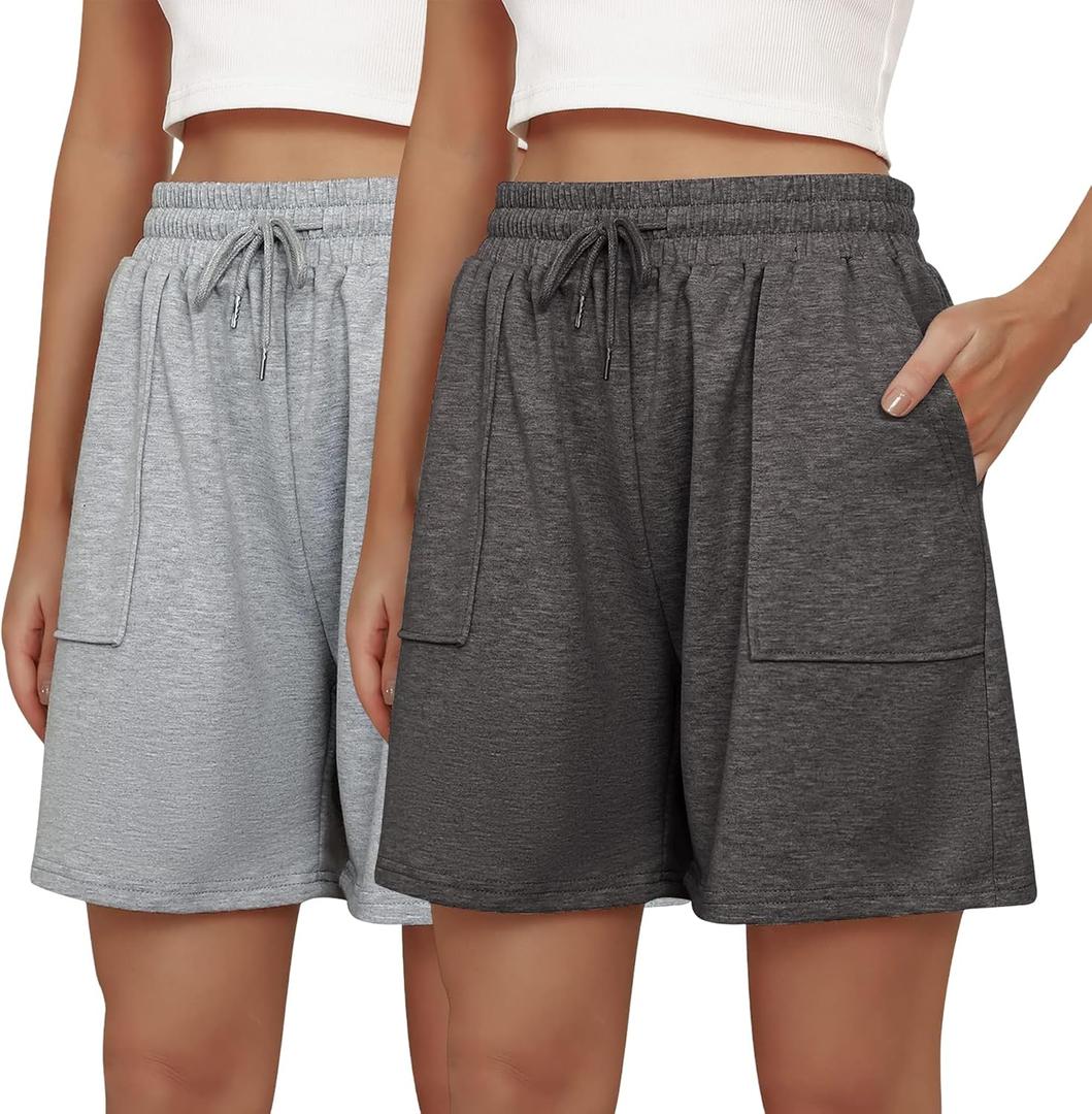 Cowasto Womens Cotton Sweat Shorts Casual Summer Loose Athletic Short Drawstring Waist Lounge Running Shorts with Pockets (X-Large, Light Grey+dark Grey)